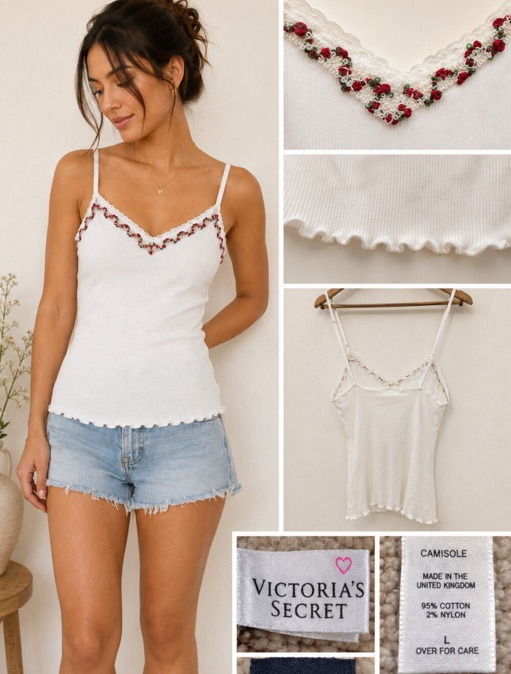 Y2K Coquette Victoria's Secret Women's Rosebud Lace Cami Size L Ivory Floral 00s